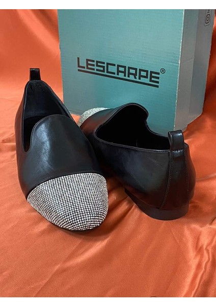 LES035 Siyah Önü Taşlı Kadın Babet Loafer modelleri