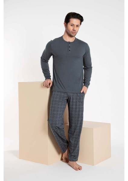 Erkek 3 Düğmeli Ekose Desen Pamuk Likra Mevsimlik Modal Uzun Kol Manşetli Cepli Pijama Takımı fırsatları