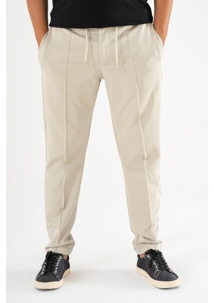 Erkek Krem Çımalı Rahat Spor Pantolon Duble Paça Jogger Eşofman Altı