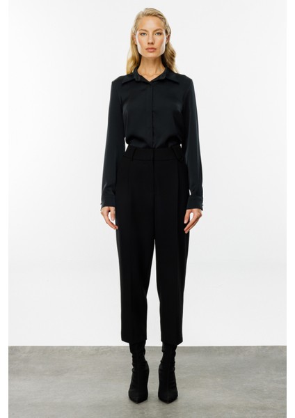 Kadın Önü Pileli Bol Paça Pantolon 4011 Siyah