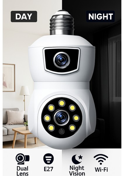 AHD-30125 2K Çözünürlük Akıllı Wireless Ampül Kamera Tak Çalıştır 360DERECE Hareketli Çift Kameralı