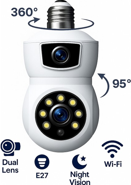 AHD-30125 2K Çözünürlük Akıllı Wireless Ampül Kamera Tak Çalıştır 360DERECE Hareketli Çift Kameralı fırsatları