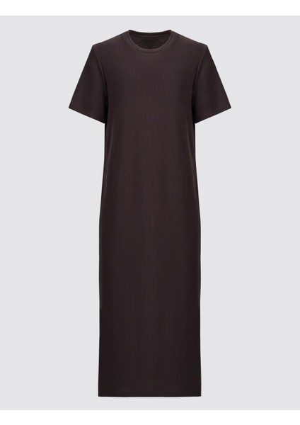 Kahverengi Düz Kesim Bisiklet Yaka Kısa Kollu Örme Elbise