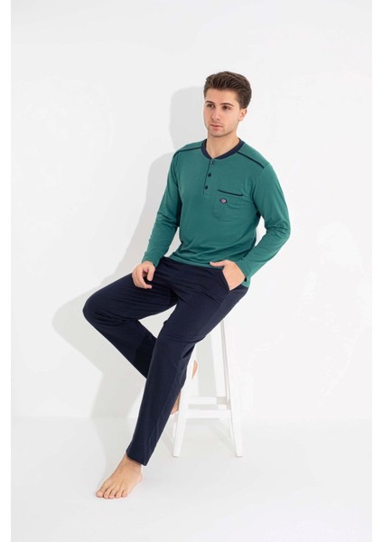 Erkek 3 Düğmeli %100 Pamuk Göğüs Cepli Mevsimlik Uzun Kol Cepli Pijama Takımı modelleri