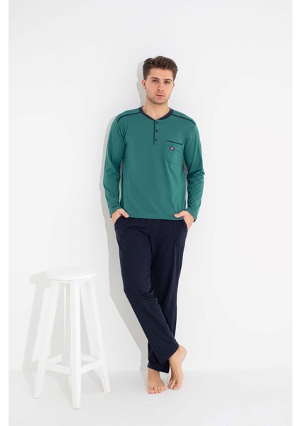 Erkek 3 Düğmeli %100 Pamuk Göğüs Cepli Mevsimlik Uzun Kol Cepli Pijama Takımı fırsatları