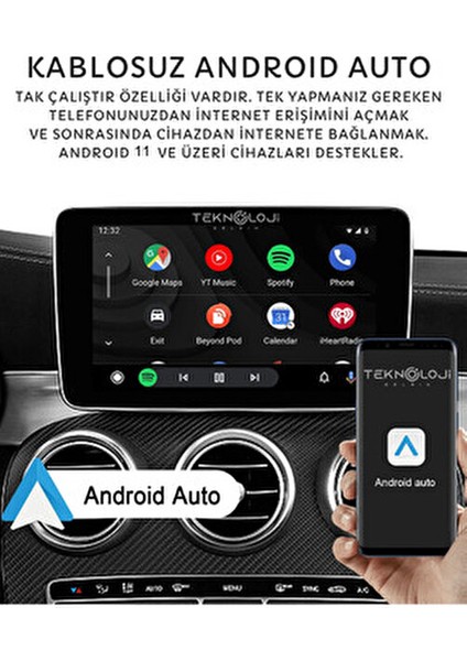 Teknoloji Kablosuz Car Play ve Android Auto Adaptörü 2 GB Ram 32 GB Rom Türkçe Dil Desteği
