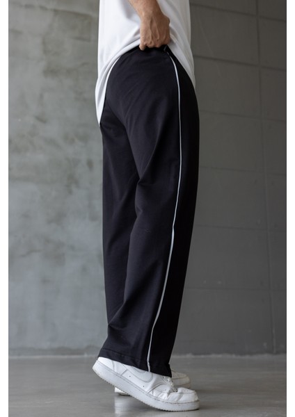 Erkek Siyah Şeritli Baskılı Oversize Baggy Eşofman Altı fırsatları