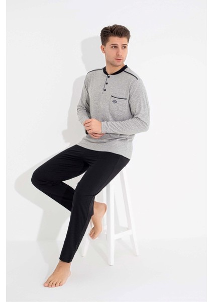 Erkek 3 Düğmeli %100 Pamuk Göğüs Cepli Mevsimlik Uzun Kol Cepli Pijama Takımı modelleri