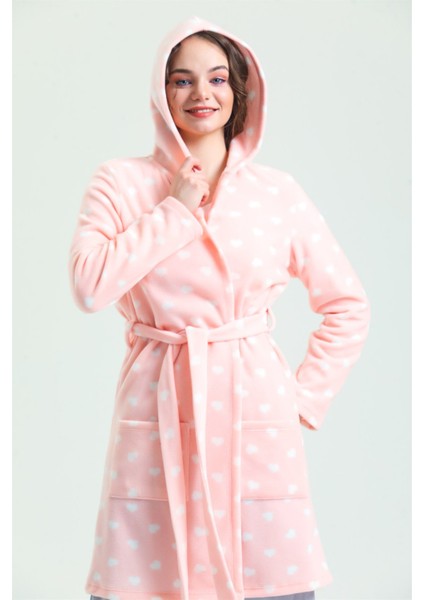 35252 Kadın Pembe Kapüşonlu Polar Sabahlık(Kapüşonu Astarsız)