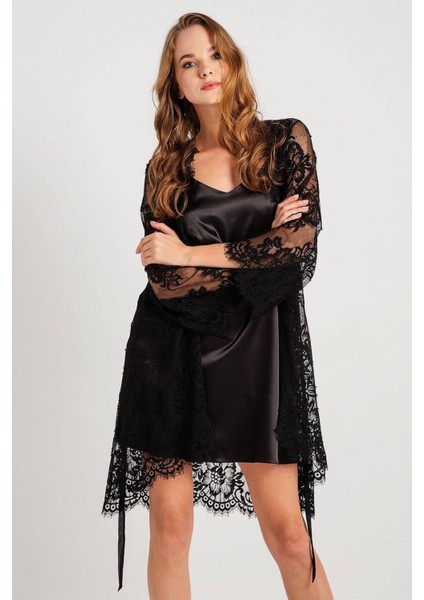 32805 Kadın Siyah Püsküllü Dantelli Tek Sabahlık fiyatları
