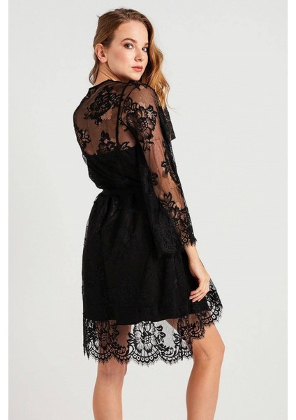 32805 Kadın Siyah Püsküllü Dantelli Tek Sabahlık modelleri