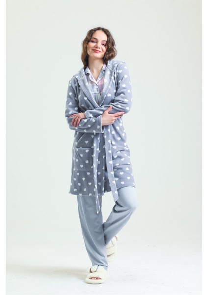 35252 Kadın Gri Kapüşonlu Polar Sabahlık(Kapüşonu Astarsız)