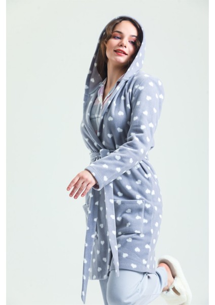 35252 Kadın Gri Kapüşonlu Polar Sabahlık(Kapüşonu Astarsız) modelleri