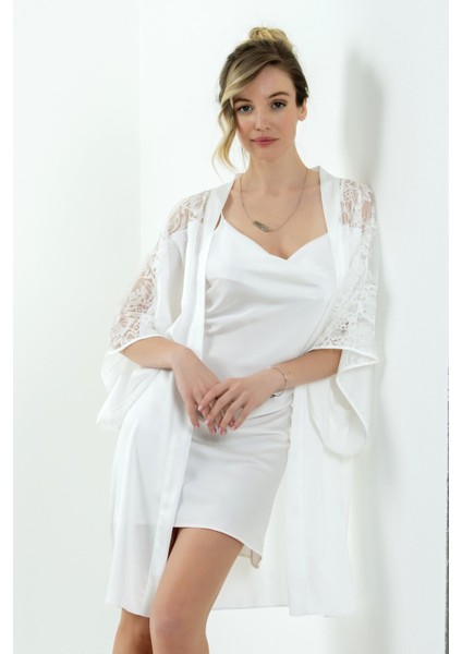 36494 Kadın Ekru Dantelli Kısa Krep Saten Tek Sabahlık