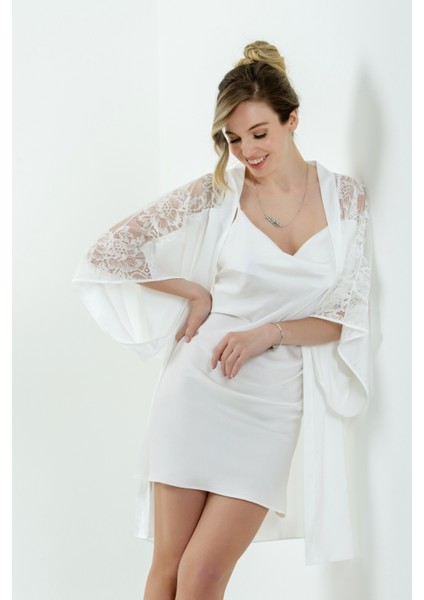 36494 Kadın Ekru Dantelli Kısa Krep Saten Tek Sabahlık fiyatları