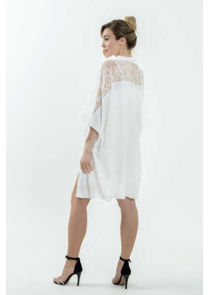 36494 Kadın Ekru Dantelli Kısa Krep Saten Tek Sabahlık modelleri