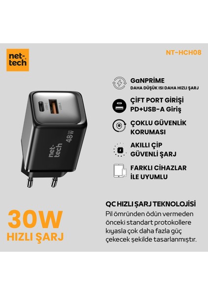 NT-HCH08 Gan Prime 45W Hızlı Şarj Aleti/şarj Isısını Düşürür Gan Destekli Akım Korumalı Güç Adaptörü