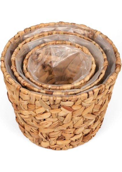 Romy - 3 lü Dekoratif Doğal El Örmesi Kalın Hasır İç Korumalı Saksı Sepet Seti