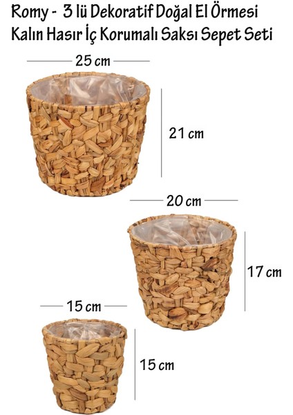 Romy - 3 lü Dekoratif Doğal El Örmesi Kalın Hasır İç Korumalı Saksı Sepet Seti