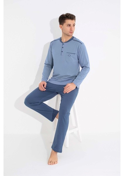Erkek 3 Düğmeli %100 Pamuk Göğüs Cepli Mevsimlik Uzun Kol Cepli Pijama Takımı modelleri