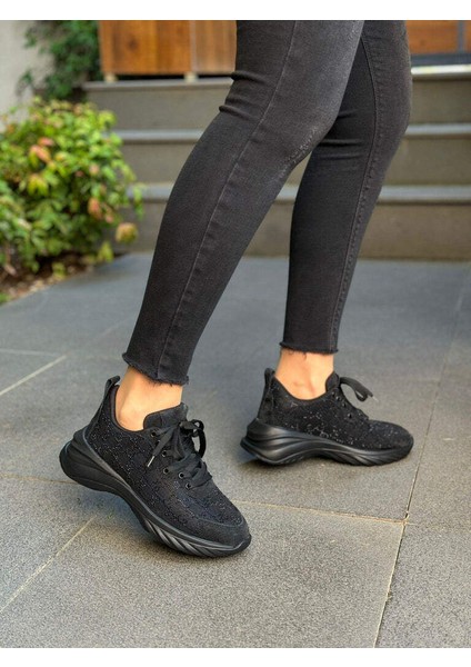 LES038 Siyah Taşlı Kadın Günlük Spor Ayakkabı Sneaker