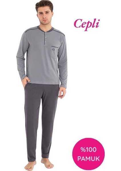 Erkek 3 Düğmeli %100 Pamuk Göğüs Cepli Mevsimlik Uzun Kol Cepli Pijama Takımı