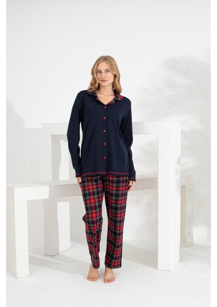 Angelique %100 Pamuk Uzun Kol Ekose Kadın Pijama Takımı 21224-25-26-27
