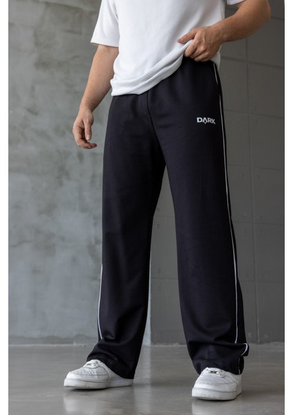 Erkek Siyah Şeritli Baskılı Oversize Baggy Eşofman Altı