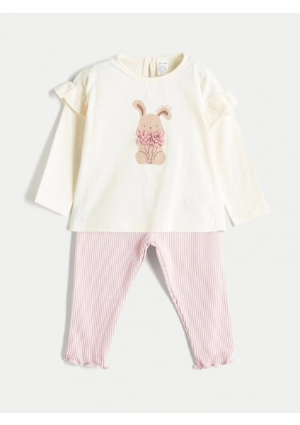 Lcw Baby Ekru Bisiklet Yaka Baskılı Kız Bebek Bluz ve Tayt 2'li Takım