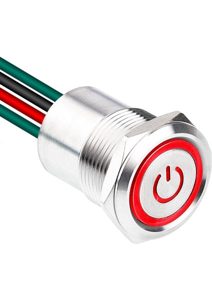 WD19D1-P2Z-EC 19MM Düz Anahtarlı Işıklı Power Kablolu Metal Buton - Kırmızı