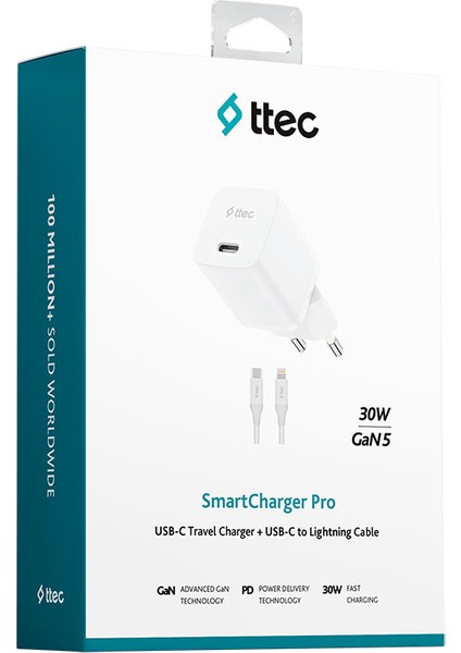 Smartcharger Gan 30W Pd Seyahat Hızlı Şarj Aleti + Usb-C - Lightning 150CM Kablo 2SCG30LB