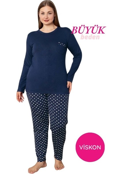 Kadın Bisiklet Yaka Düğmesiz Dökümlü Viskon Mevsimlik Uzun Kol Cepli Pijama Takımı