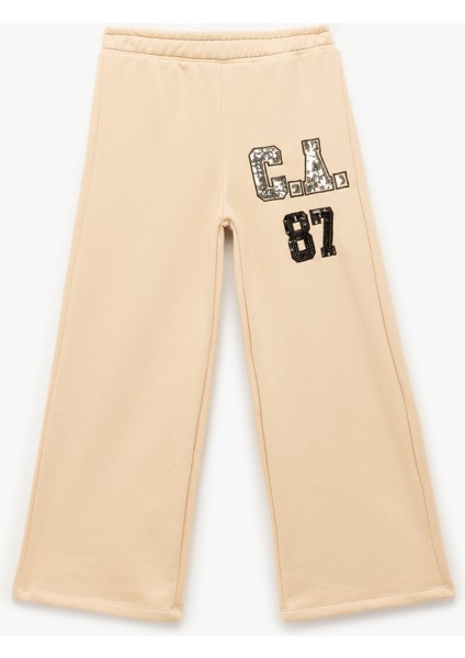 Şardonlu Pullu Payetli Pamuklu Beli Lastikli Geniş Paça Eşofman Altı