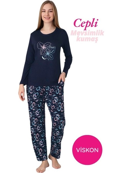 Kadın Bisiklet Yaka Düğmesiz Dökümlü Viskon Mevsimlik Uzun Kol Cepli Pijama Takımı