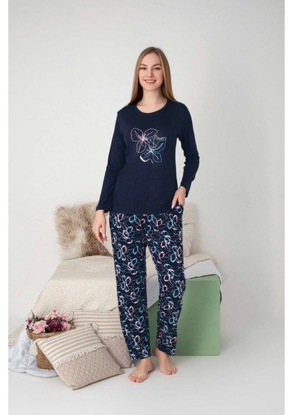 Kadın Bisiklet Yaka Düğmesiz Dökümlü Viskon Mevsimlik Uzun Kol Cepli Pijama Takımı fırsatları