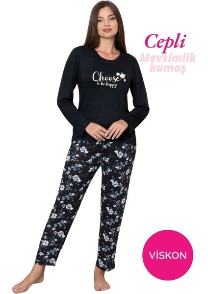 Kadın Bisiklet Yaka Düğmesiz Dökümlü Viskon Mevsimlik Uzun Kol Cepli Pijama Takımı