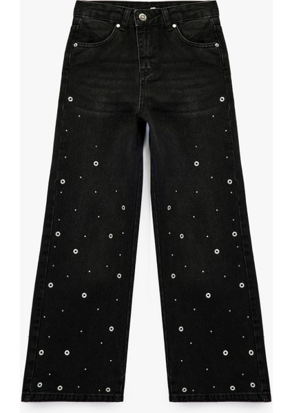 Pamuklu Loose Fit Zımba Detaylı Geniş Paça Denim Pantolon