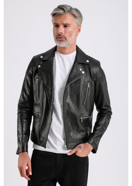 Judah Erkek Siyah Jumbo Biker Deri Mont