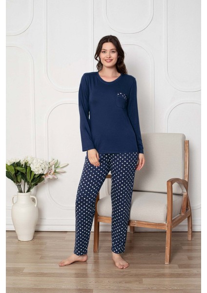 Kadın Bisiklet Yaka Düğmesiz Dökümlü Viskon Mevsimlik Uzun Kol Cepli Pijama Takımı fırsatları