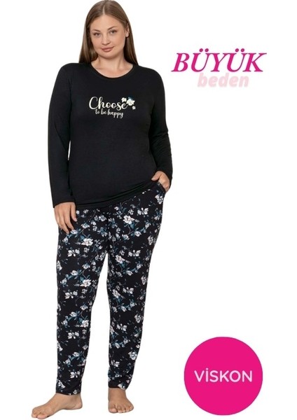 Kadın Bisiklet Yaka Düğmesiz Dökümlü Viskon Mevsimlik Uzun Kol Cepli Pijama Takımı