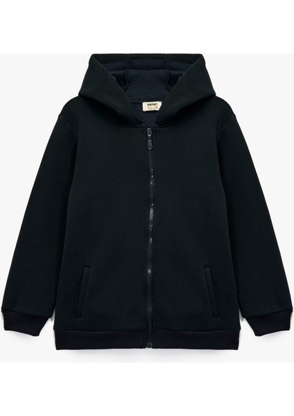Şardonlu Uzun Kollu Fermuarlı Kapşonlu Sweatshirt