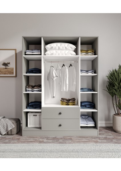 %100 Mdf 4 Kapaklı 2 Çekmeceli 12 Raflı Elbise Dolabı Gardırop – 182X140X52 cm Kuruluma Aimasyonlu