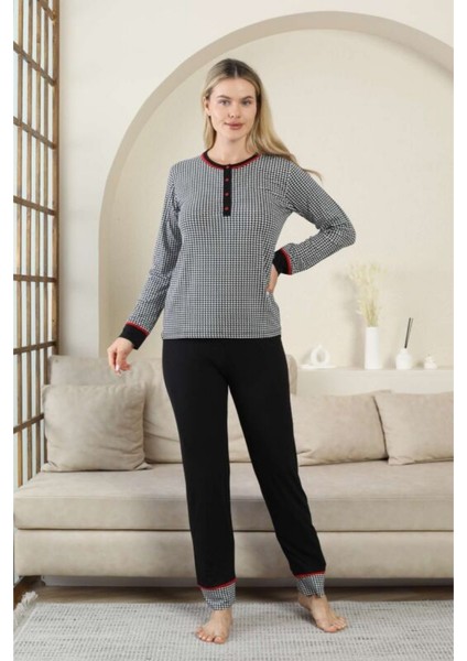 Alimer Kaz Ayağı Desenli Düğmeli Yaka Uzun Kollu Kadın Pijama Takımı