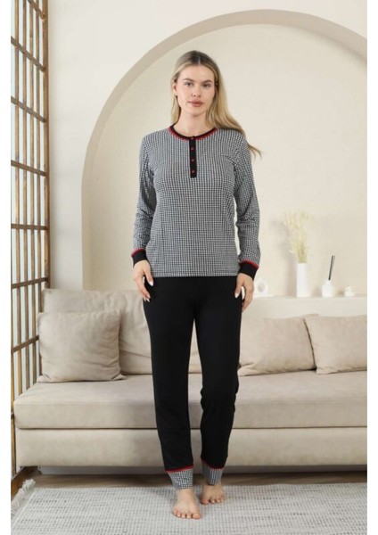 Alimer Kaz Ayağı Desenli Düğmeli Yaka Uzun Kollu Kadın Pijama Takımı fiyatları