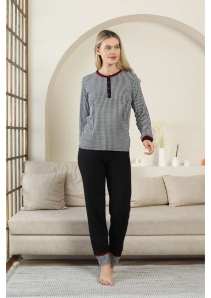 Alimer Kaz Ayağı Desenli Düğmeli Yaka Uzun Kollu Kadın Pijama Takımı fırsatları