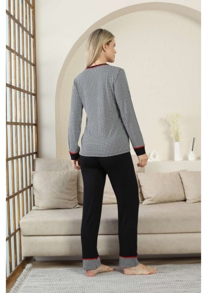 Alimer Kaz Ayağı Desenli Düğmeli Yaka Uzun Kollu Kadın Pijama Takımı indirimleri