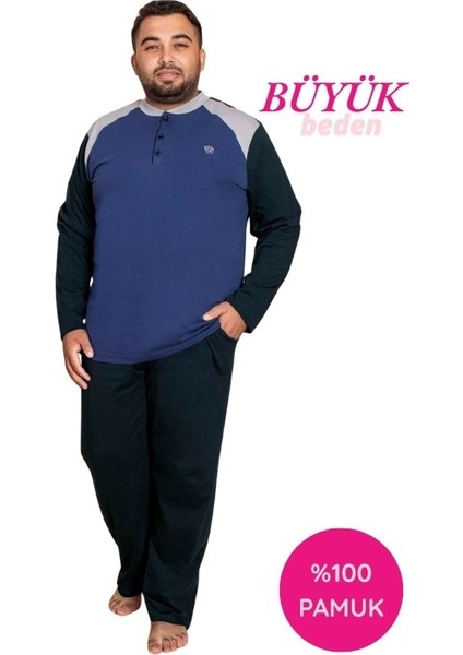 Erkek Büyük Battal Beden Desenli 3 Düğmeli %100 Pamuk Mevsimlik Uzun Kol Cepli Pijama Takımı