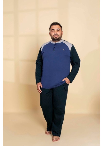 Erkek Büyük Battal Beden Desenli 3 Düğmeli %100 Pamuk Mevsimlik Uzun Kol Cepli Pijama Takımı fırsatları