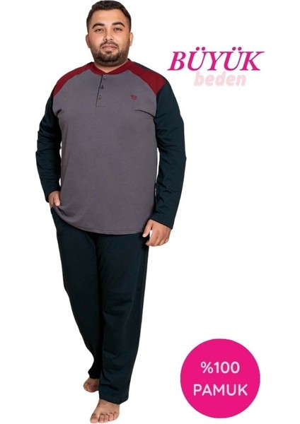 Erkek Büyük Battal Beden Desenli 3 Düğmeli %100 Pamuk Mevsimlik Uzun Kol Cepli Pijama Takımı