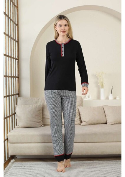 Alimer Siyah Renk Kaz Ayağı Desen Üç Düğmeli Yaka Uzun Kollu Kadın Pijama Takımı